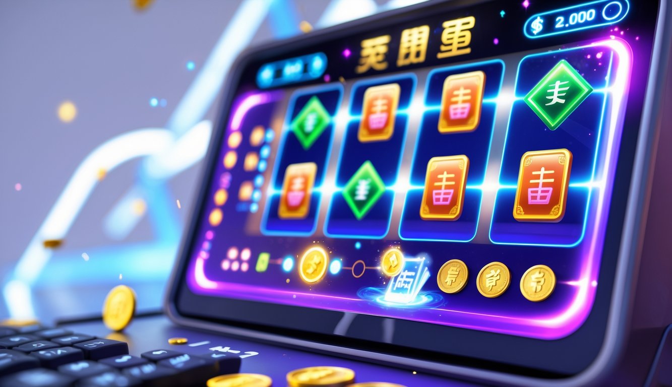 Tampilan antarmuka permainan slot Mahjong digital dengan efek cahaya dan simbol kemenangan.