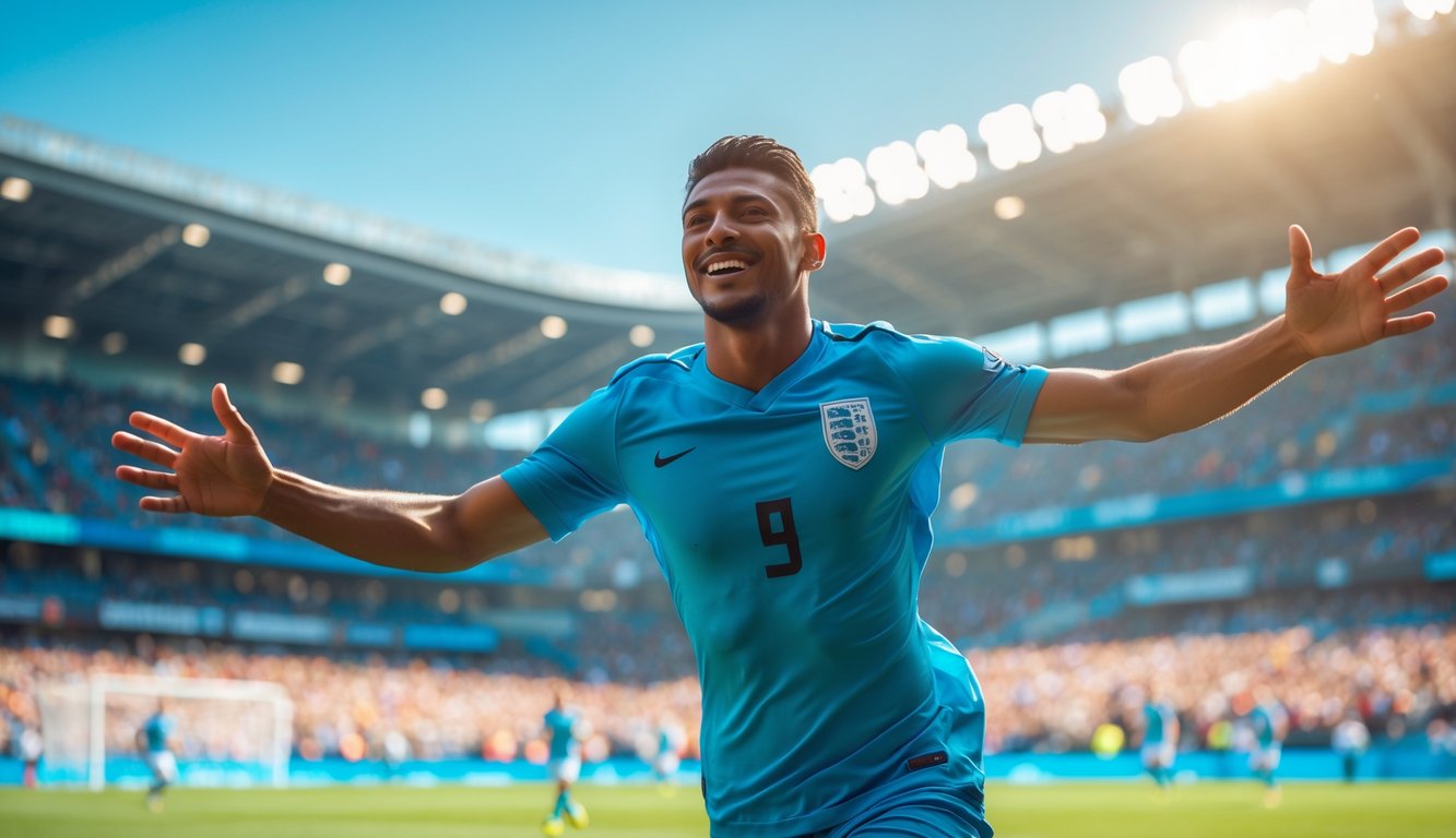 Seorang pemain sepak bola pria sedang merayakan gol di lapangan dengan latar belakang stadion penuh penonton.