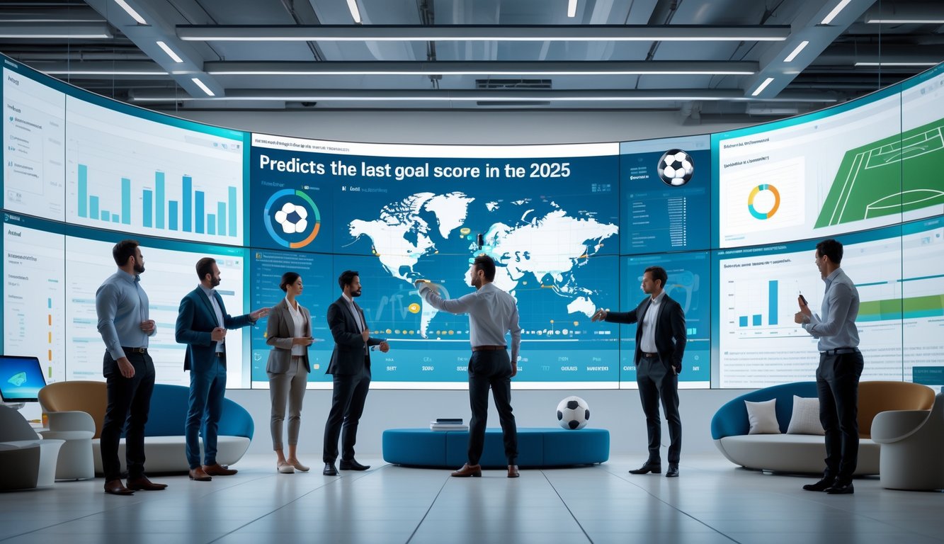 Sekelompok analis olahraga sedang berdiskusi di ruang kerja modern dengan layar digital besar yang menampilkan data dan statistik sepak bola.