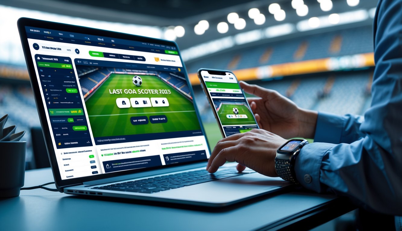 Seseorang menggunakan perangkat digital di meja kerja dengan latar belakang stadion sepak bola yang samar.