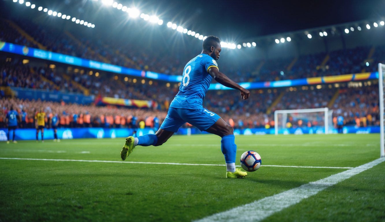 Seorang pemain sepak bola sedang menendang bola menuju gawang dalam pertandingan yang penuh semangat di stadion yang ramai.