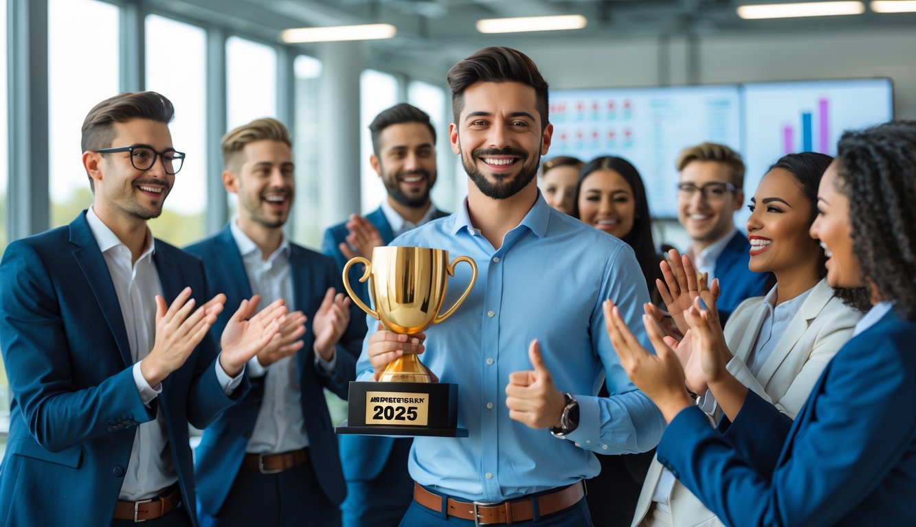 Sekelompok profesional muda merayakan pencapaian di kantor modern dengan seorang pria memegang piala dan rekan-rekannya bertepuk tangan.