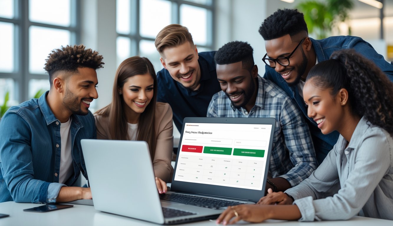 Sekelompok orang muda sedang duduk di sekitar laptop di kantor modern, terlihat fokus dan antusias saat mendaftar secara online untuk platform taruhan olahraga.