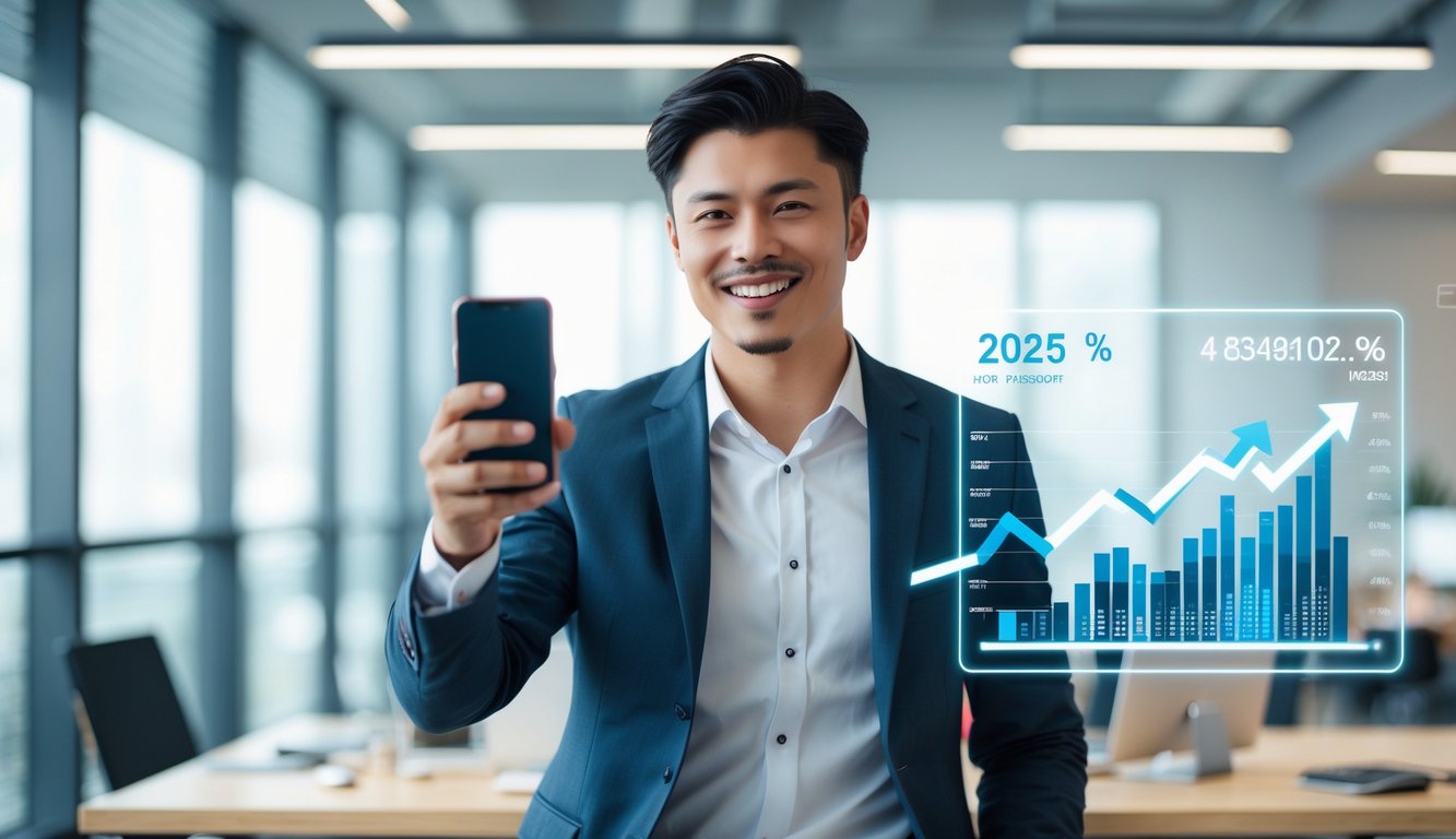 Seorang pria muda di kantor modern sedang merayakan pencapaian dengan memegang ponsel yang menampilkan grafik naik.