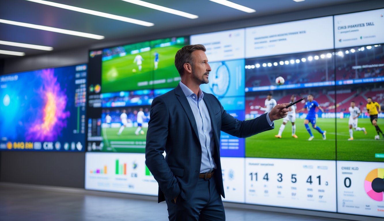 Seorang analis olahraga sedang meninjau pencetak gol terakhir dalam pertandingan sepak bola tahun 2025 di studio dengan layar digital besar.