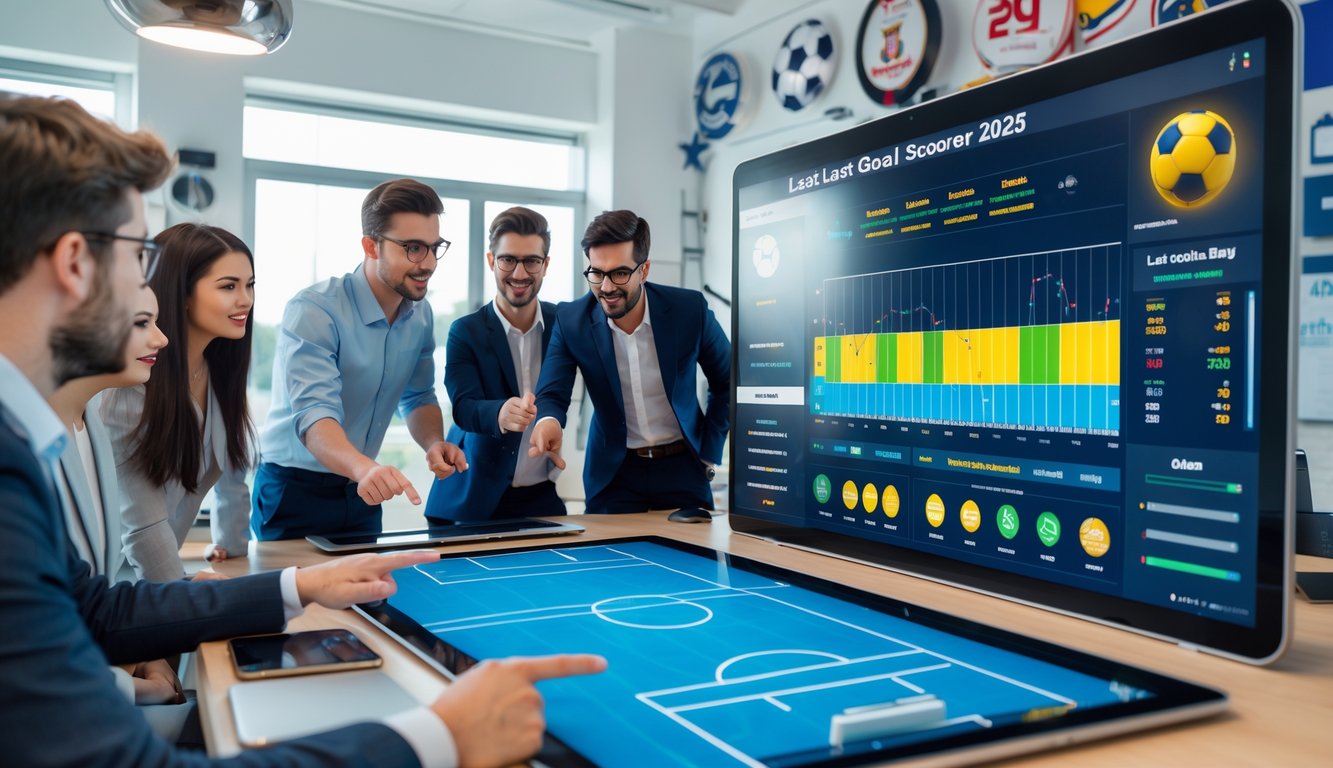 Sekelompok profesional muda berdiskusi di sekitar meja digital dengan tampilan statistik pertandingan sepak bola dan grafik taruhan.