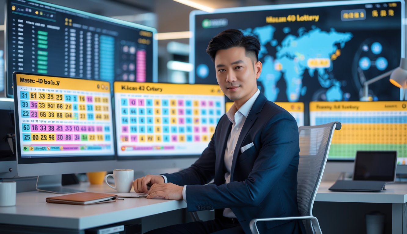 Seorang pria Asia duduk di meja kantor dengan beberapa monitor menampilkan angka lotere dan grafik, suasana profesional dan modern.
