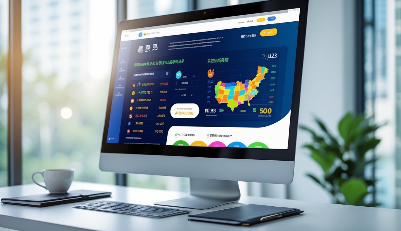 Sebuah monitor komputer menampilkan antarmuka situs togel online dengan grafik dan peta Macau di sebuah meja kerja yang rapi di kantor terang.