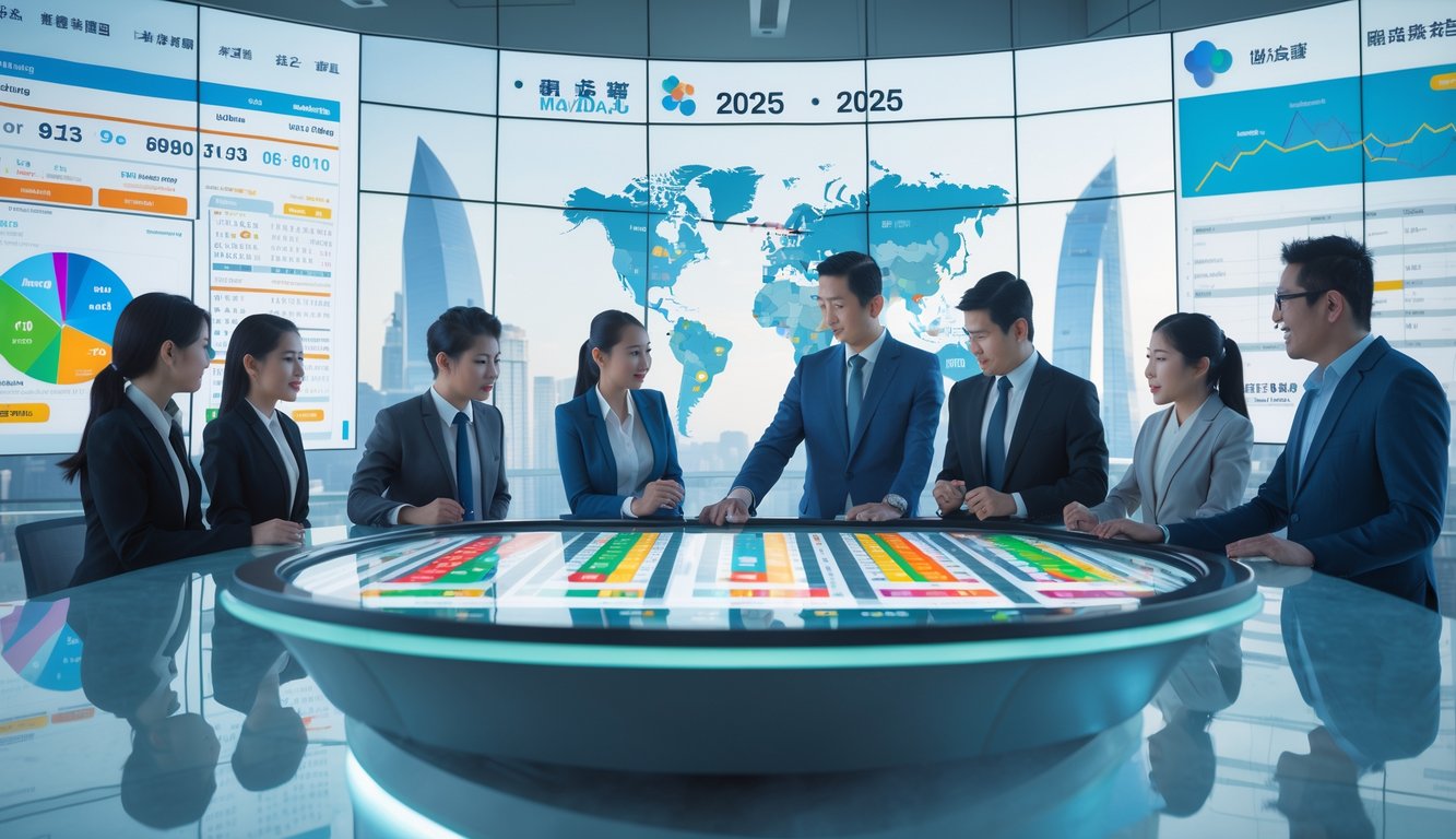 Sekelompok profesional bekerja bersama di kantor modern dengan layar digital besar menampilkan data dan grafik terkait judi togel Macau tahun 2025.