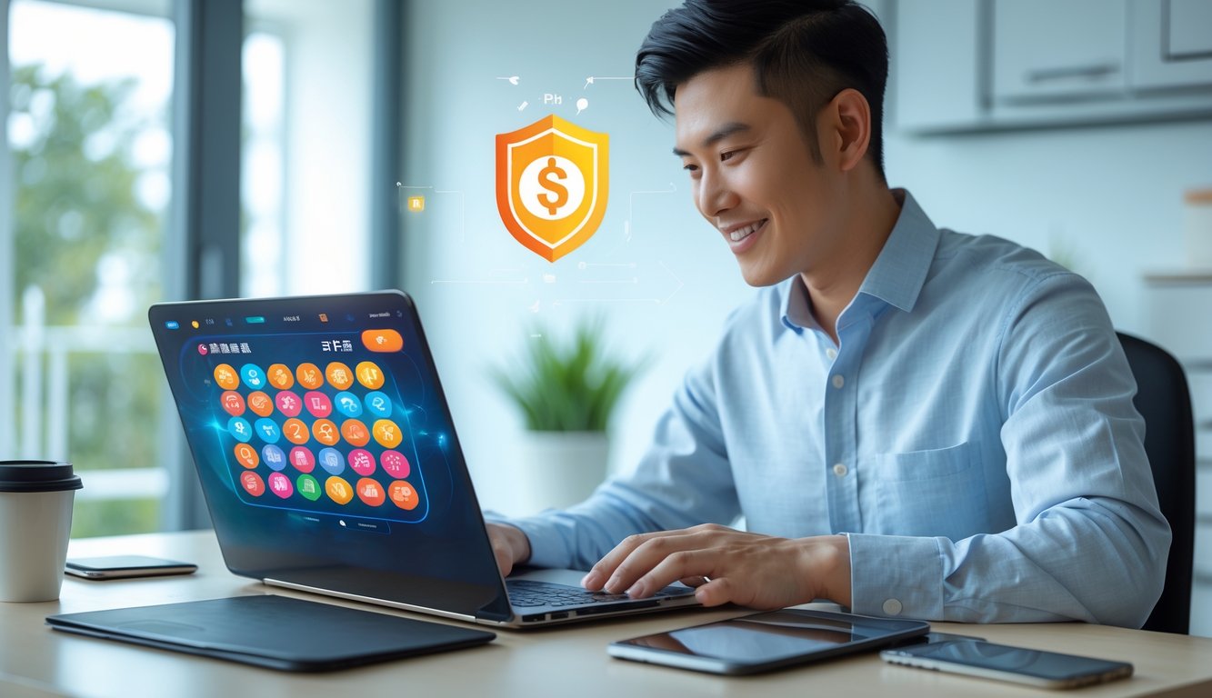 Seorang pria muda Asia duduk di meja modern sambil bermain permainan lotre online di laptop di ruang kerja yang terang dan rapi.