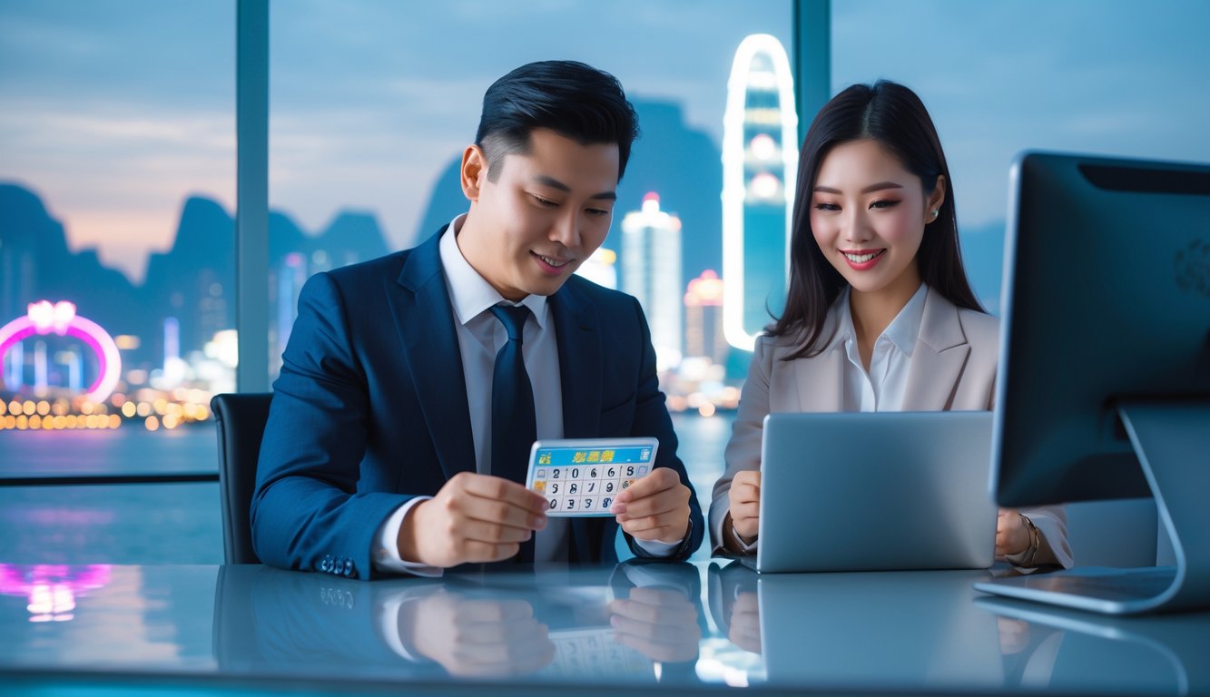 Seorang pria dan wanita Asia sedang berdiskusi dengan perangkat digital di kantor modern dengan latar kota Macau.