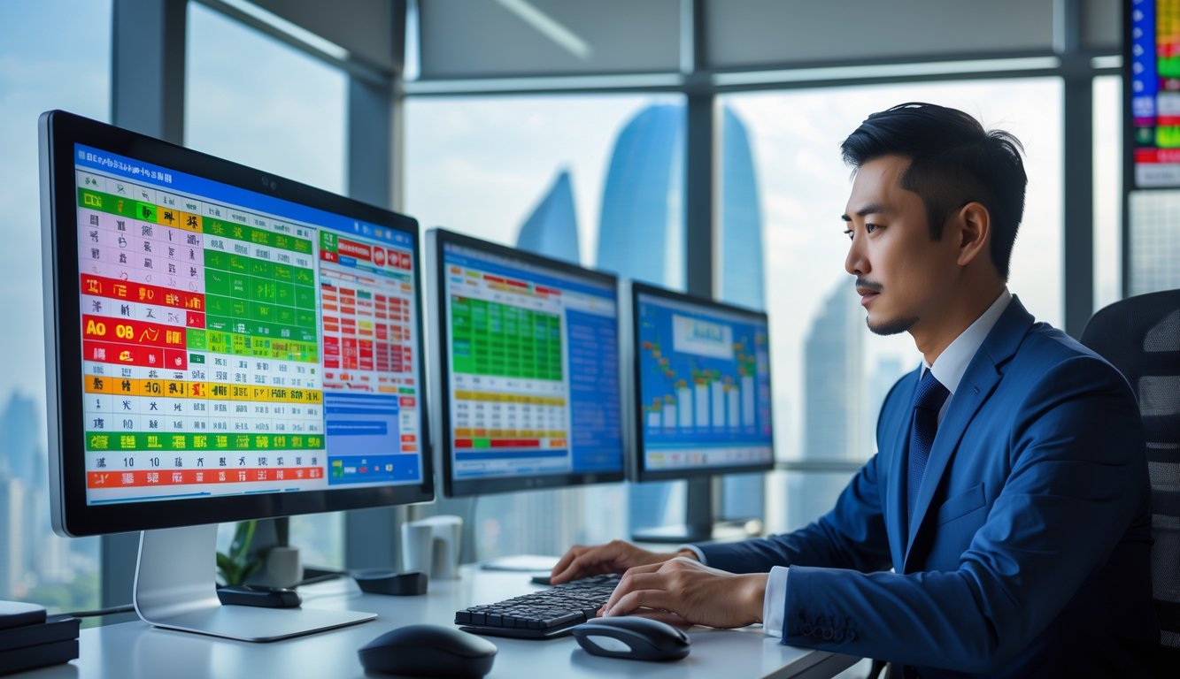 Seorang pria Asia duduk di meja kantor modern dengan beberapa layar komputer menampilkan data lotere, latar belakang kota modern terlihat melalui jendela besar.