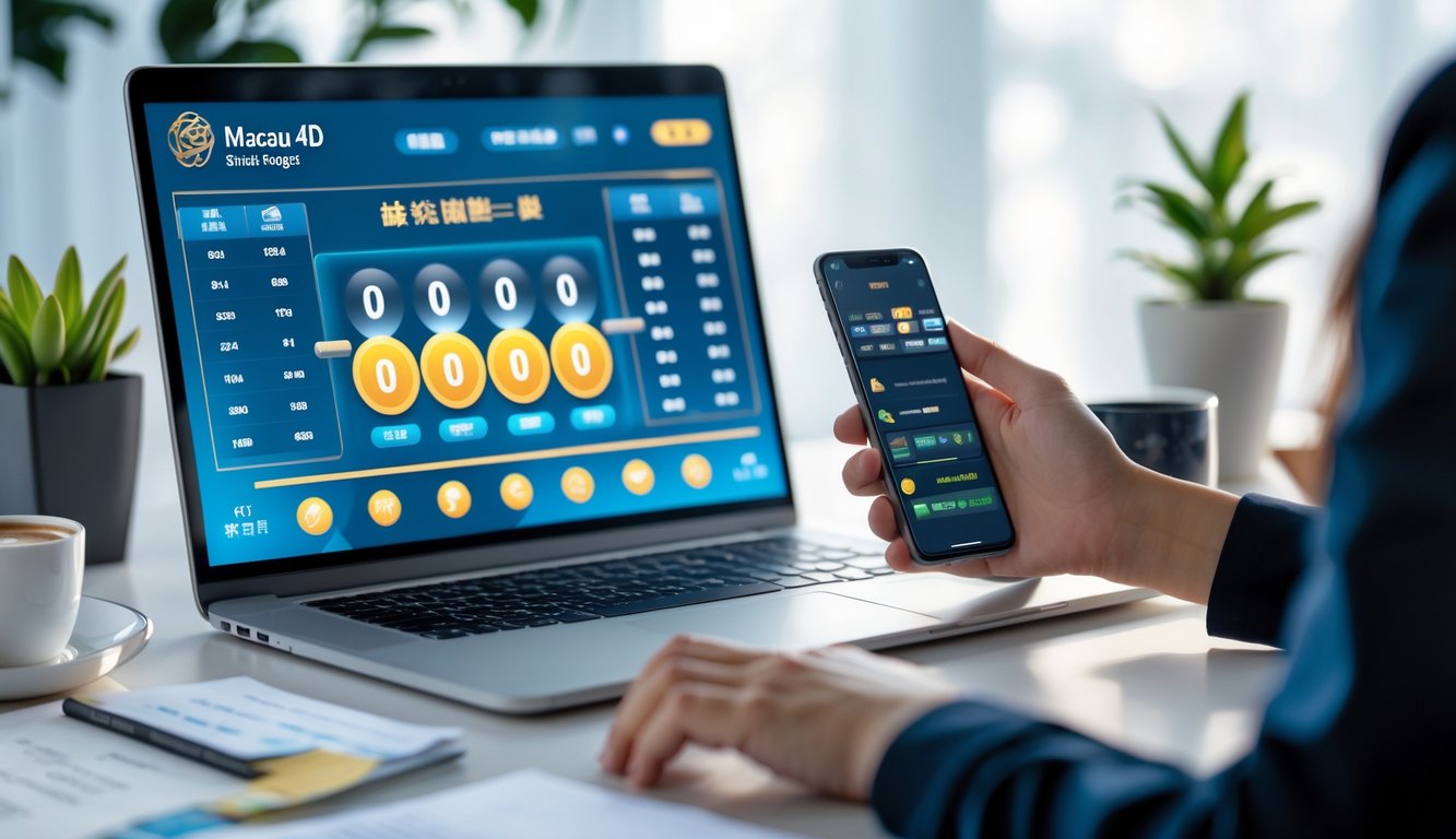 Meja kerja dengan laptop dan ponsel yang menampilkan aktivitas bermain togel Macau 4D tahun 2025 dengan anggaran kecil.