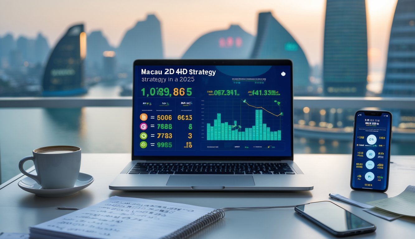 Meja kerja modern dengan laptop, buku catatan, dan ponsel yang menampilkan data terkait lotere Macau 4D tahun 2025.