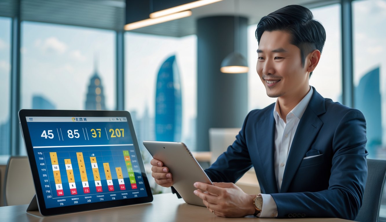 Seorang pebisnis Asia yang percaya diri menggunakan tablet di kantor modern dengan pemandangan kota Macau di latar belakang.