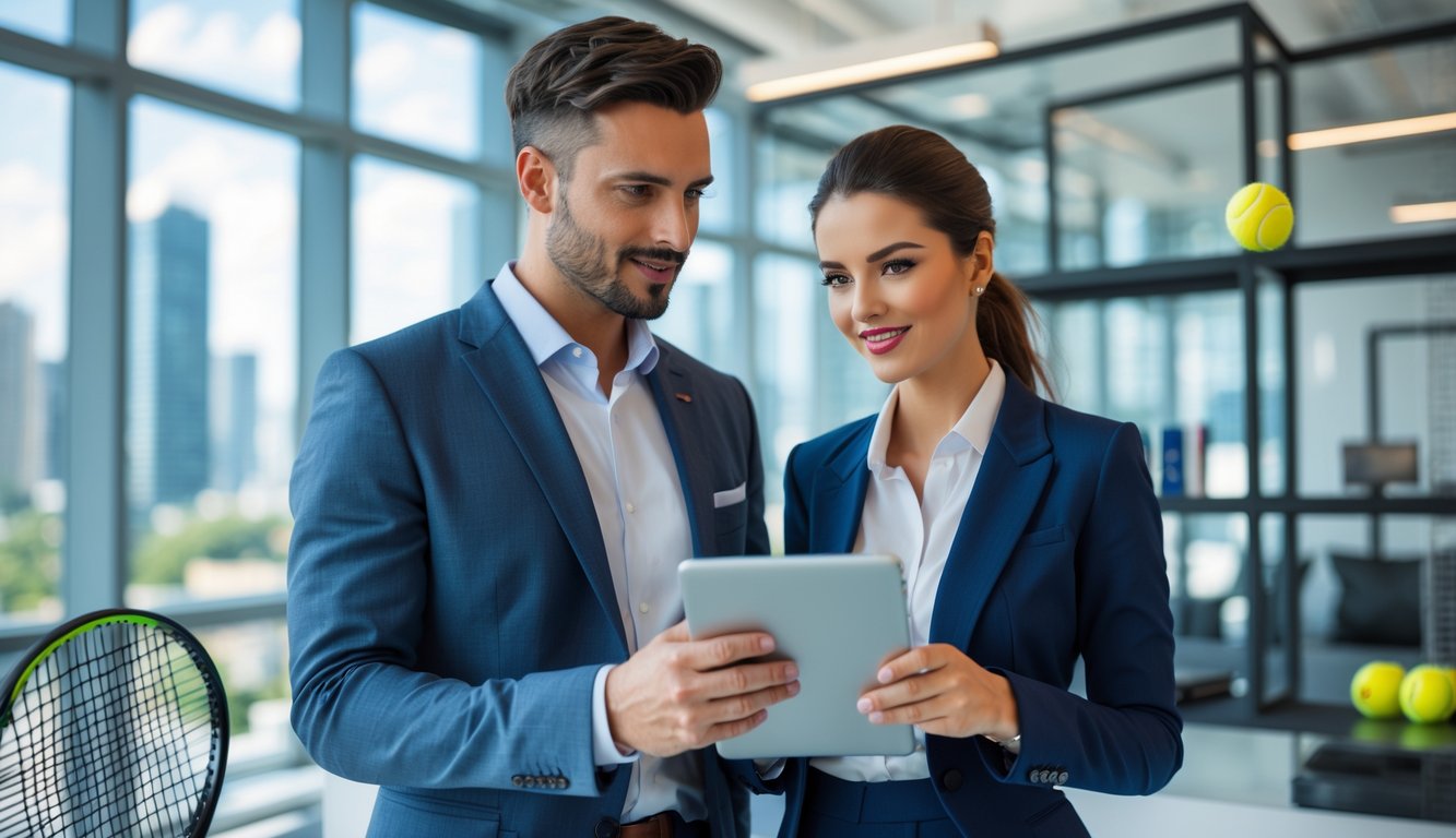 Dua orang profesional berdiskusi di kantor modern dengan latar kota, sambil melihat tablet yang menampilkan data taruhan tenis.