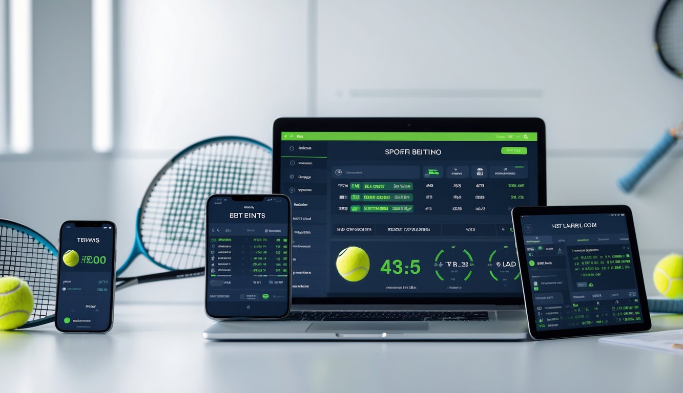Meja kerja modern dengan perangkat digital yang menampilkan statistik dan skor pertandingan tenis secara online.