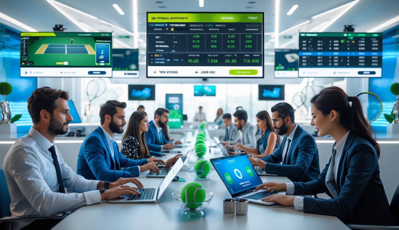 Orang-orang di kantor taruhan olahraga yang modern sedang memasang taruhan pada pertandingan tenis dengan layar digital menampilkan pertandingan dan peluang taruhan.