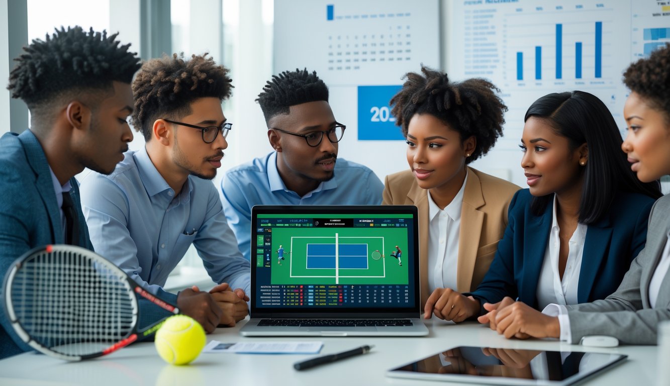Sekelompok orang muda sedang berdiskusi di kantor dengan laptop yang menampilkan gambar lapangan tenis dan statistik taruhan.