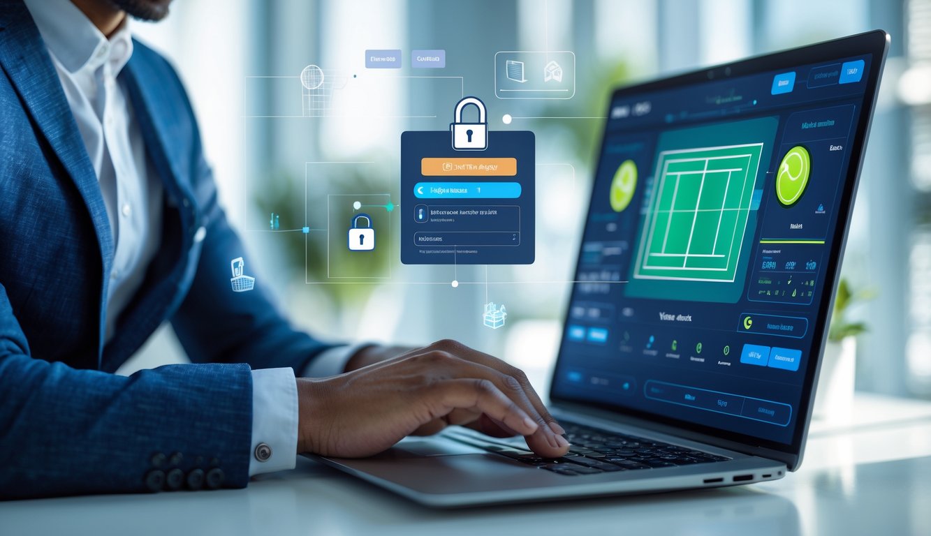 Seorang profesional menggunakan laptop di kantor modern dengan pertandingan tenis di layar, menunjukkan layanan taruhan tenis yang aman dan resmi.