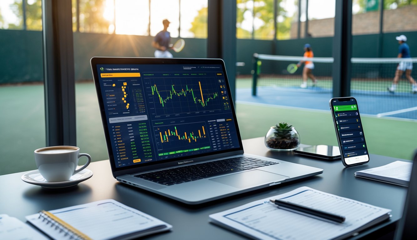 Seorang pria bekerja di meja dengan laptop yang menampilkan statistik tenis, di latar belakang terlihat lapangan tenis dengan pemain yang sedang bertanding.