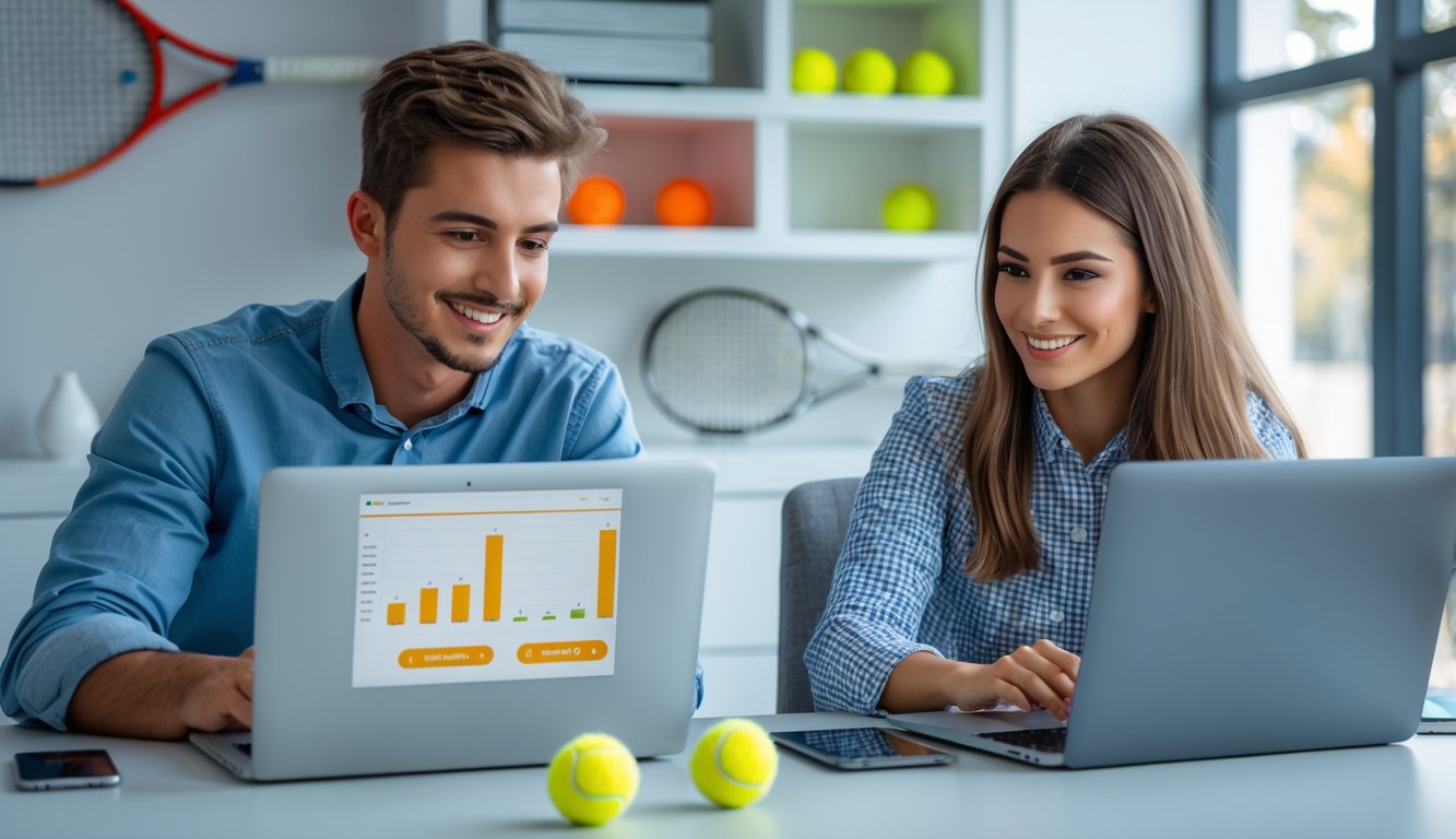 Dua orang muda duduk di meja dengan laptop dan ponsel, fokus pada aktivitas taruhan tenis online di kantor modern.