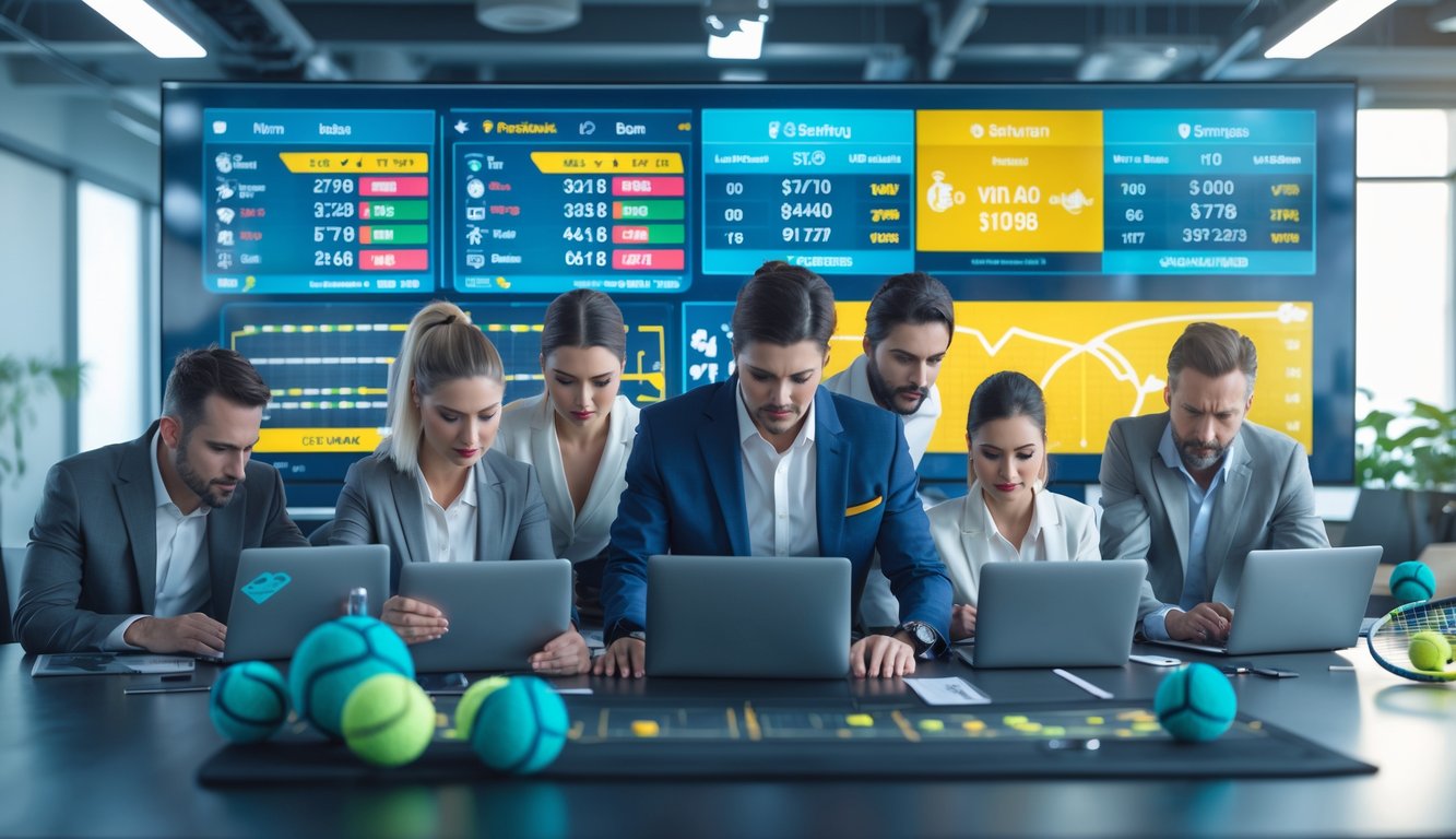 Orang-orang di kantor modern sedang menggunakan perangkat digital untuk memasang taruhan tenis dengan data dan statistik pertandingan di layar.