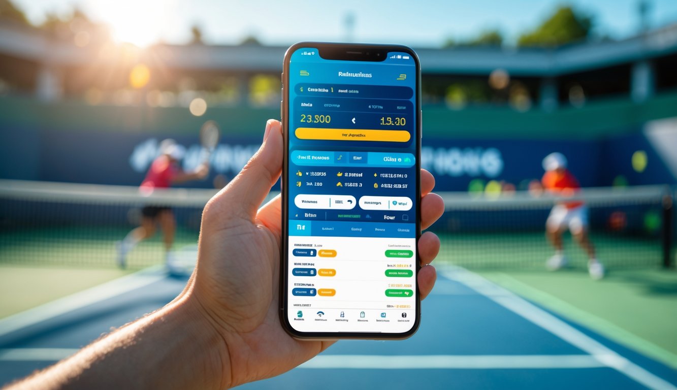 Seseorang memegang ponsel dengan aplikasi taruhan tenis yang terlihat, latar belakang lapangan tenis dengan pemain yang sedang bermain.