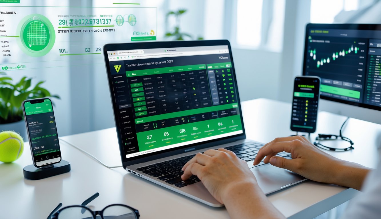 Seseorang menggunakan laptop dan ponsel di meja kerja dengan bola tenis dan kacamata olahraga di sampingnya.