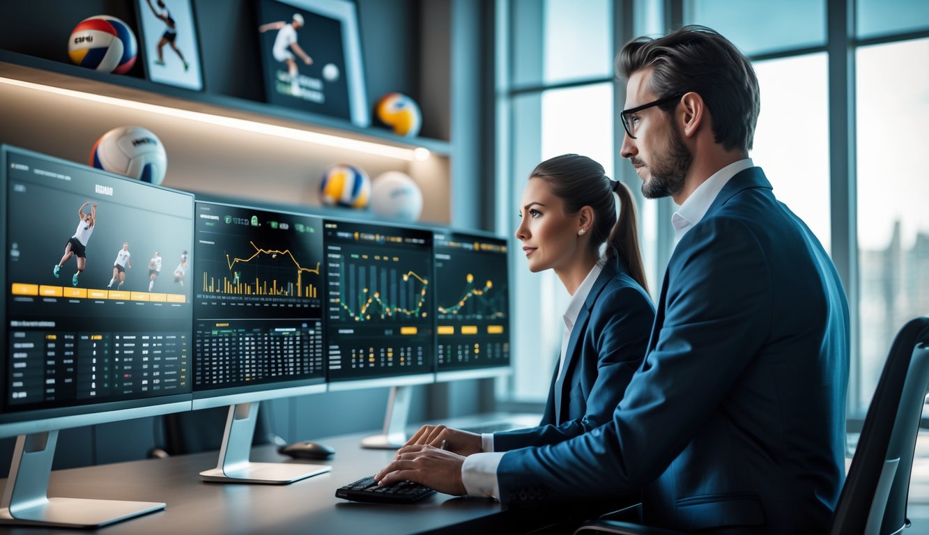 Seorang pria dan wanita di kantor modern sedang melihat data pertandingan bola voli di beberapa monitor komputer.