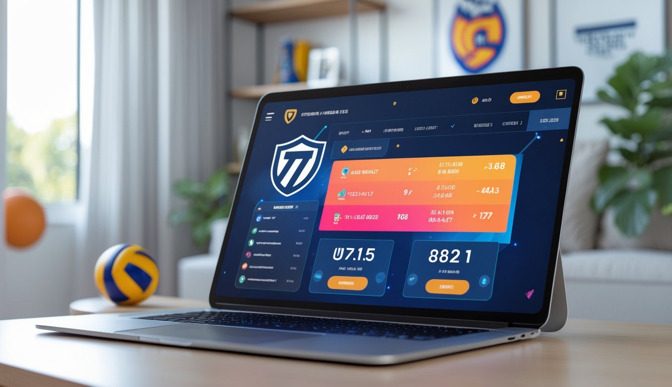 Seseorang menggunakan laptop dengan tampilan situs taruhan bola voli online yang aman di ruang tamu modern.