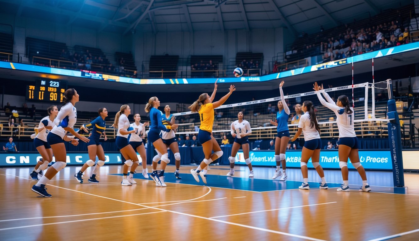 Pertandingan bola voli dalam ruangan dengan pemain yang sedang melompat dan beraksi di lapangan, penonton terlihat di latar belakang.