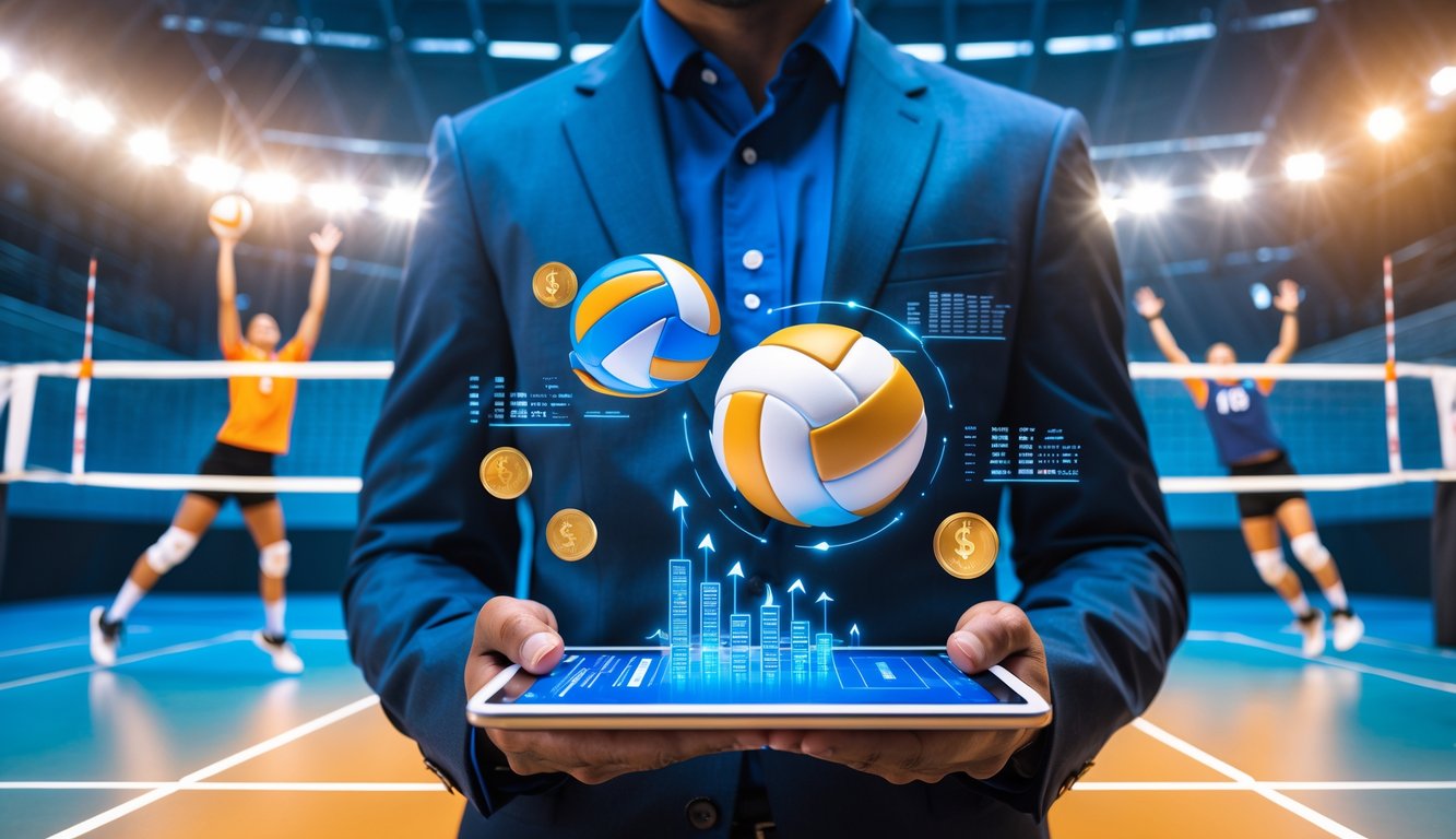Seorang pria memegang tablet dengan latar belakang pertandingan bola voli yang sedang berlangsung di lapangan dalam suasana cerah dan dinamis.