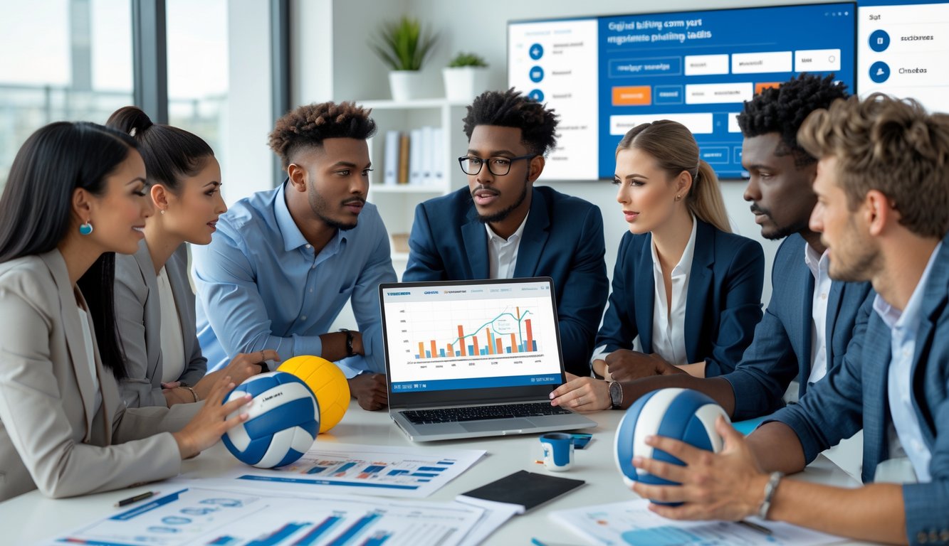 Sekelompok orang muda sedang berdiskusi di kantor dengan laptop dan bola voli di meja.