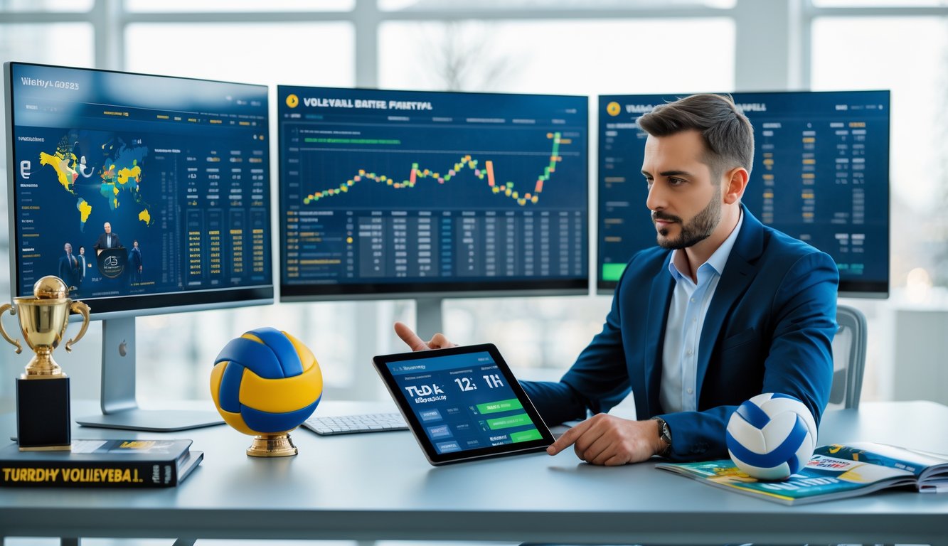 Seorang analis olahraga sedang melihat data dan grafik prediksi taruhan bola voli di sebuah ruang kantor modern.