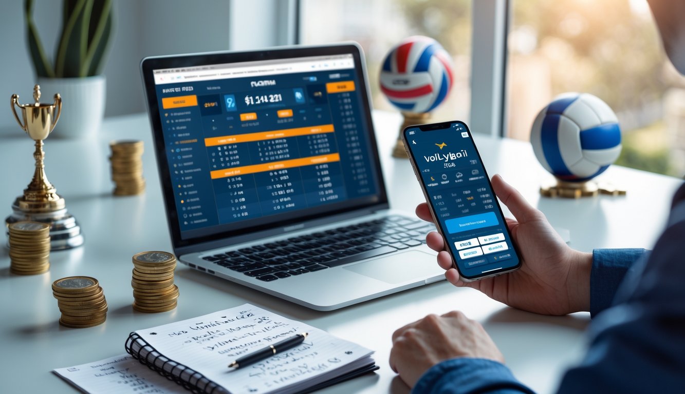 Seseorang sedang menggunakan laptop dan ponsel untuk memasang taruhan bola voli dengan uang dan catatan di meja.