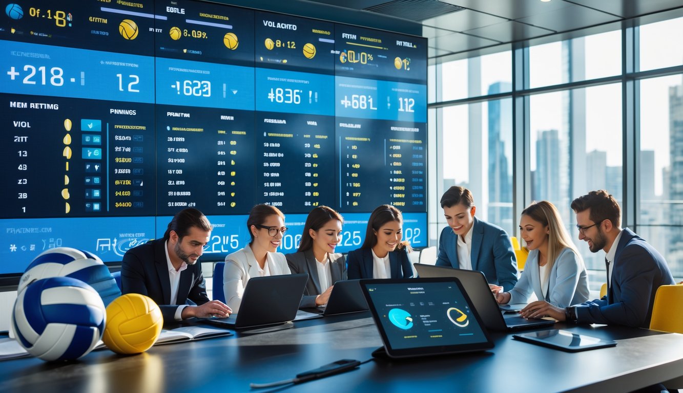 Orang-orang di kantor taruhan bola voli yang modern sedang melihat data pertandingan dengan layar digital besar dan peralatan olahraga di sekitar.