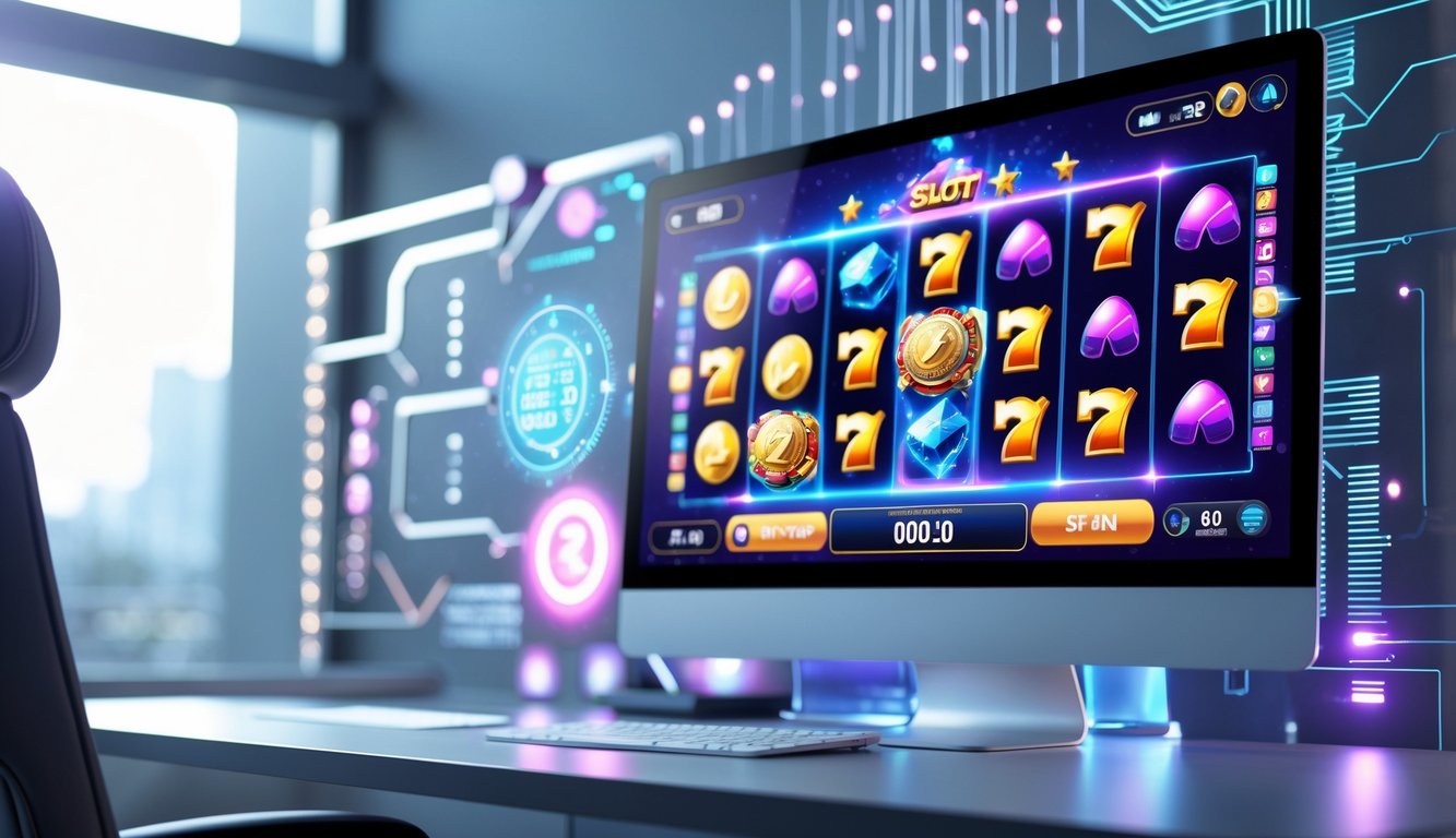 Tampilan layar komputer modern dengan permainan slot online yang menampilkan fitur bonus interaktif dan simbol warna-warni.