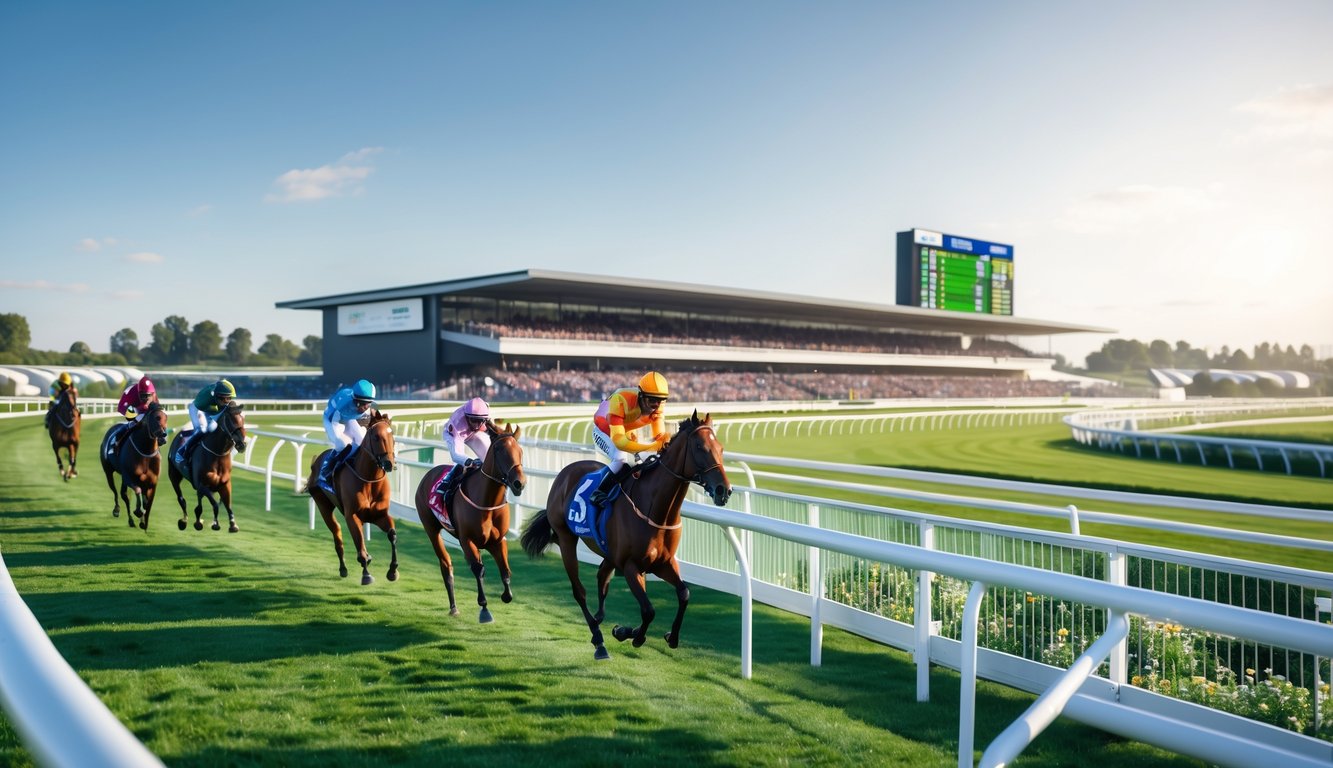 Lomba pacuan kuda dengan joki dan kuda berlari di lintasan, penonton di tribun, dan papan skor elektronik di latar belakang.