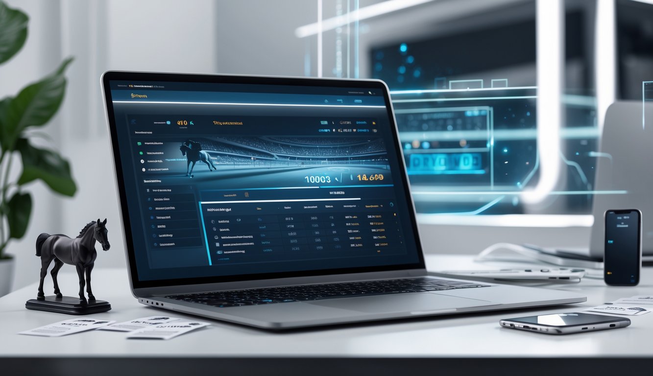 Seorang pria duduk di meja dengan laptop yang menampilkan antarmuka taruhan pacuan kuda online, dikelilingi oleh peralatan terkait pacuan kuda di ruang kerja modern.