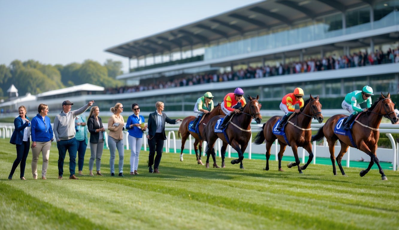 Suasana pacuan kuda handicap dengan pemula yang antusias mengamati kuda berlari di lintasan, latar belakang tribun penonton dan langit cerah.