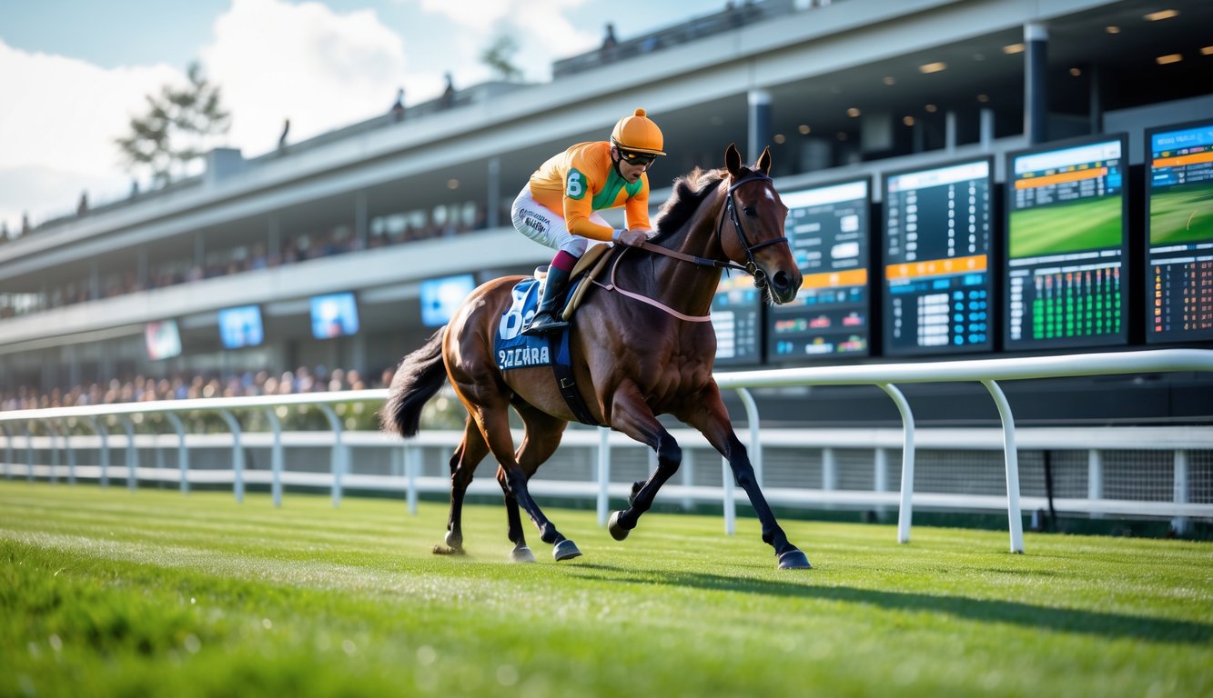Seorang analis pacuan kuda sedang melihat layar dengan statistik dan grafik, sementara seekor kuda pacu berlari di lintasan dengan penonton di tribun.