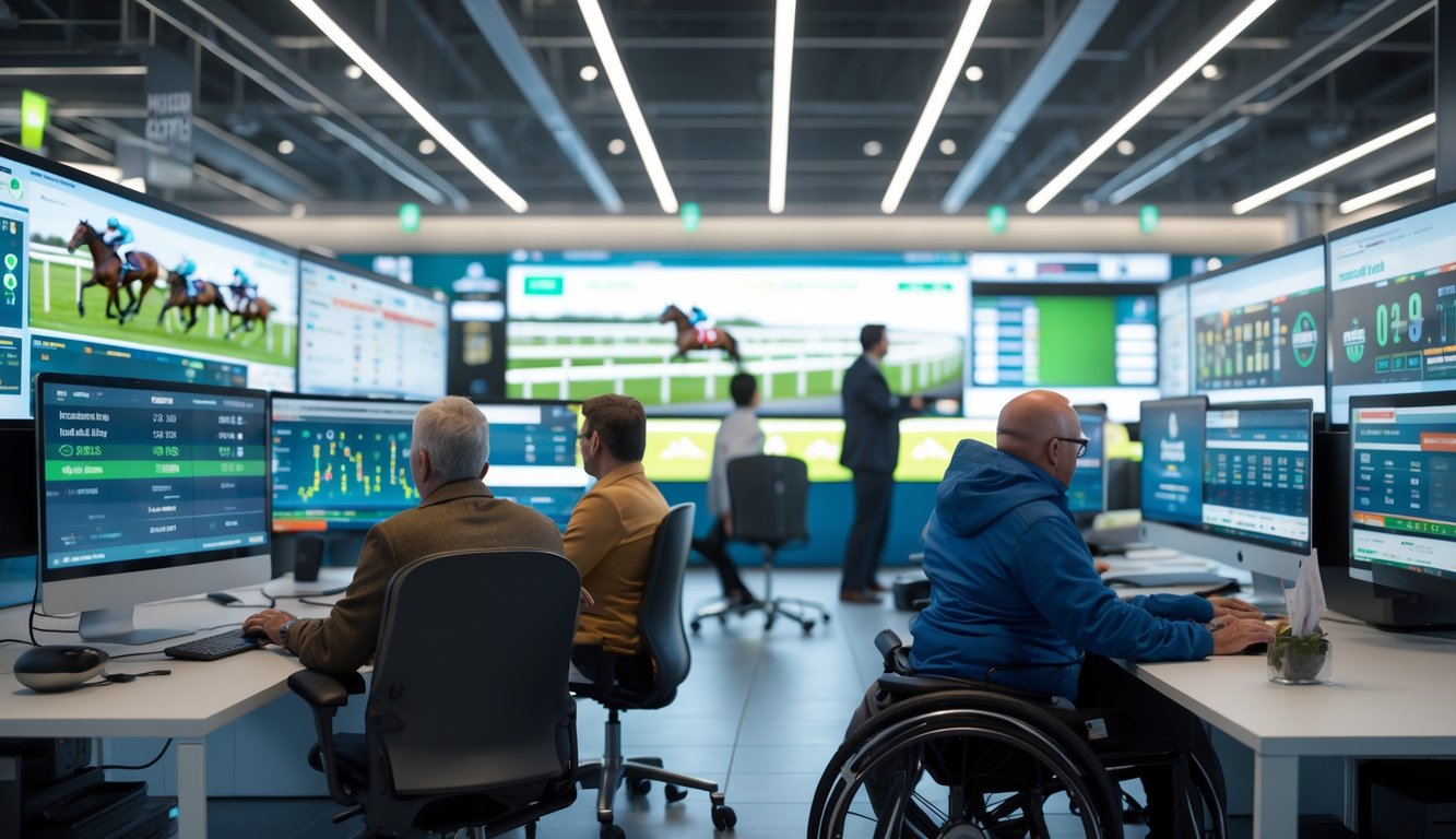 Orang-orang menggunakan komputer untuk bertaruh pacuan kuda secara online di kantor modern, termasuk seseorang dengan disabilitas yang menggunakan teknologi adaptif.