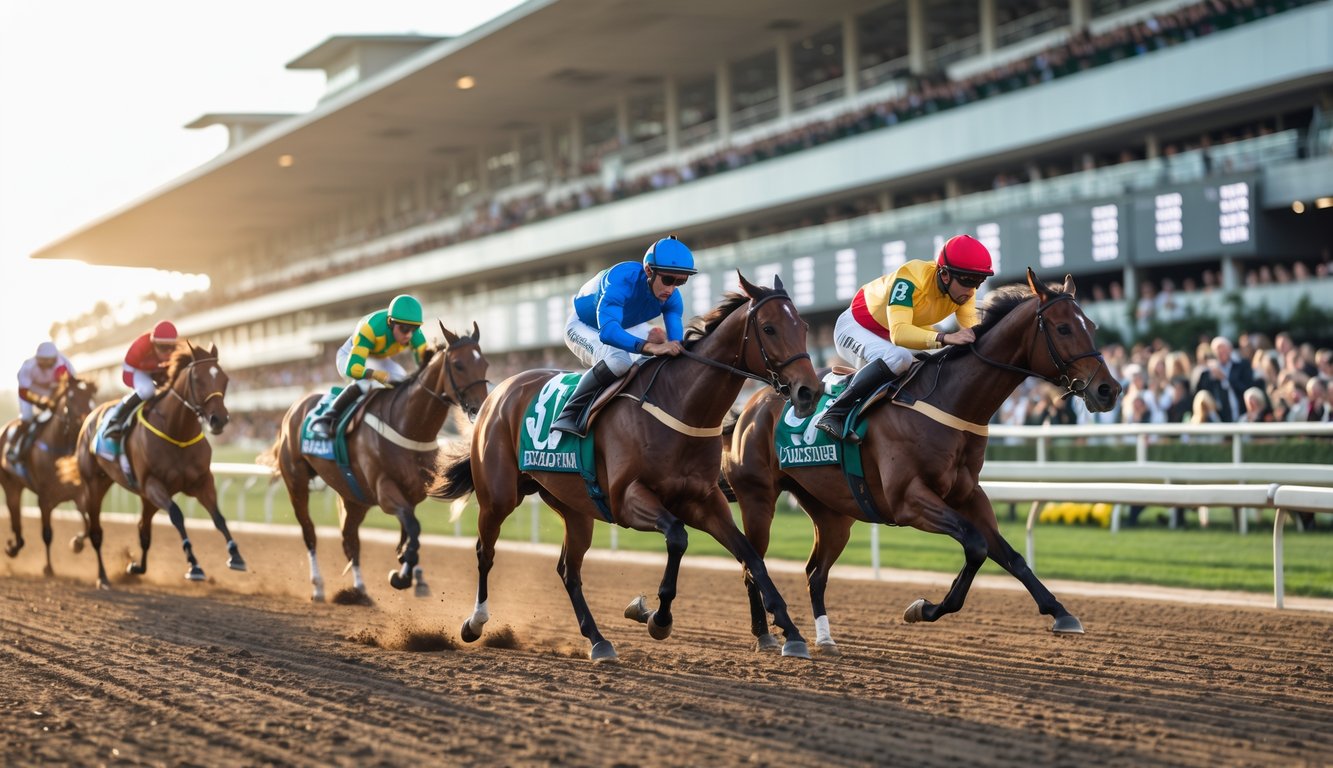 Lomba pacuan kuda dengan beberapa kuda dan joki sedang berlari di lintasan, penonton di tribun, dan papan taruhan digital menampilkan odds tinggi.