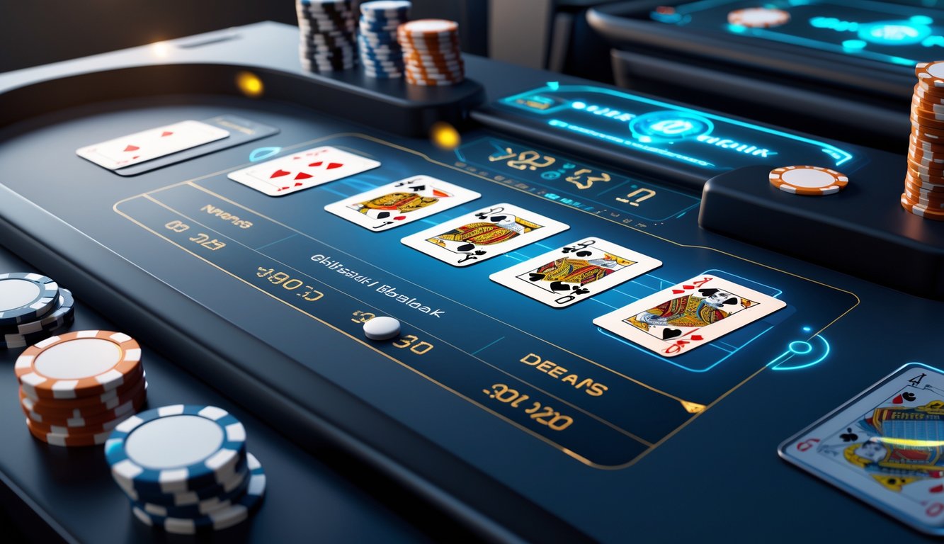 Tampilan meja blackjack multi-deck online dengan kartu dan chip digital di antarmuka layar sentuh futuristik.