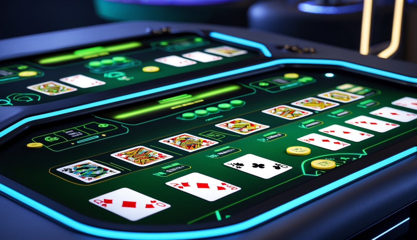Sebuah meja blackjack online dengan beberapa setumpuk kartu yang sedang dimainkan di layar komputer.