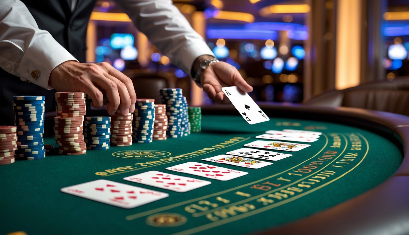 Meja blackjack di kasino dengan beberapa setumpuk kartu dan tumpukan chip poker, suasana kasino yang elegan dan pencahayaan hangat.