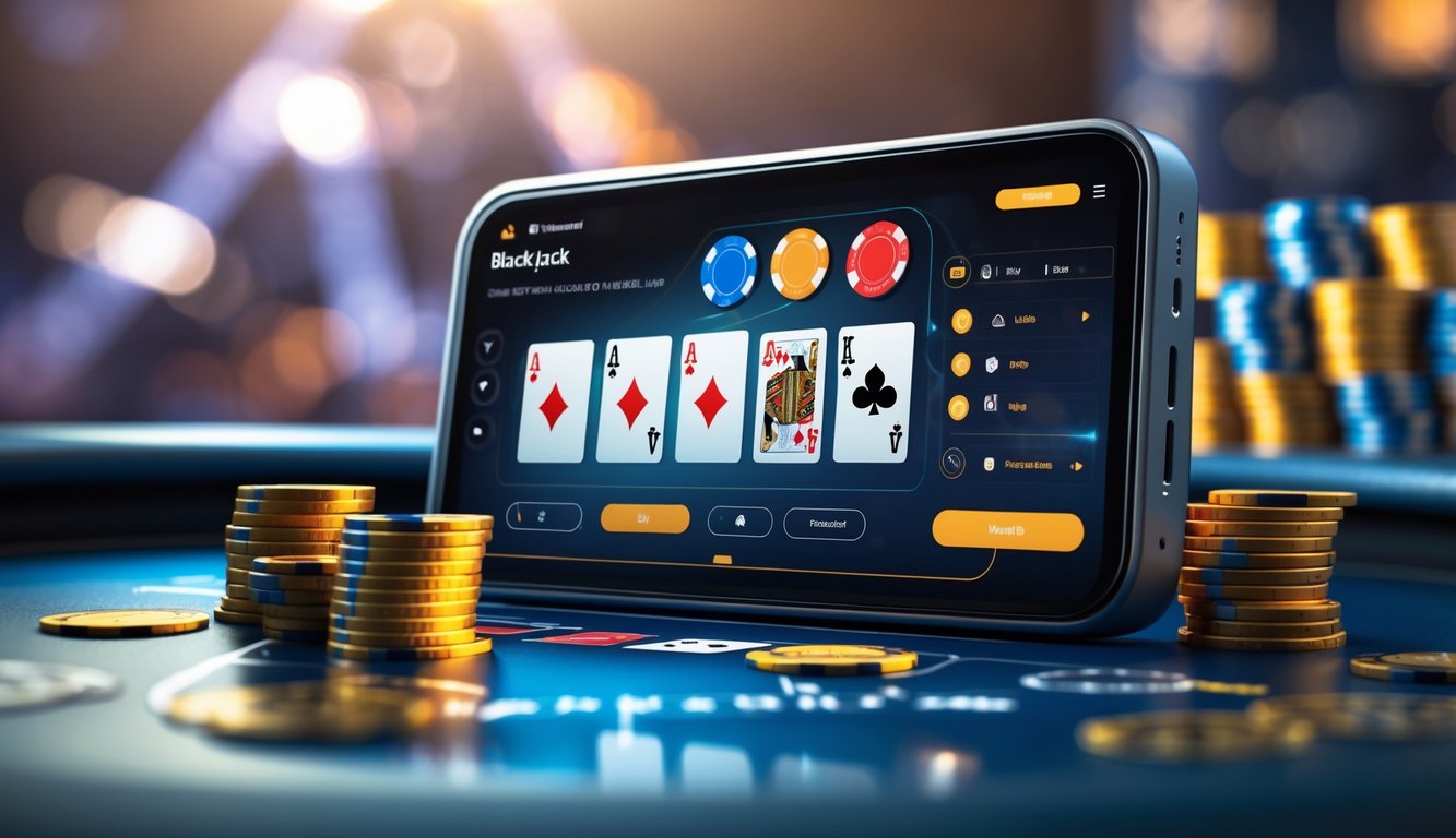 Tampilan antarmuka permainan blackjack multi-deck di layar perangkat digital kecil.