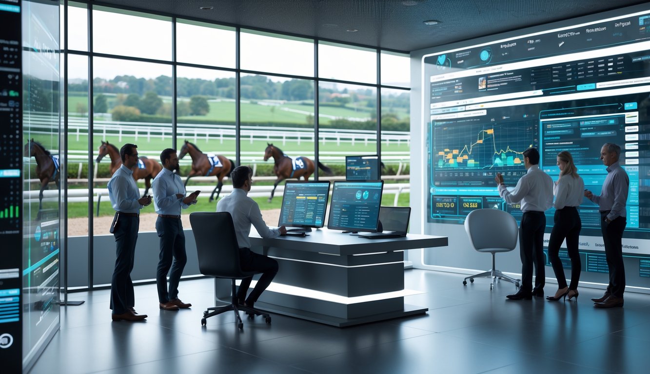 Kantor modern dengan tim profesional yang menganalisis data pacuan kuda menggunakan teknologi canggih, dengan latar belakang lintasan pacuan kuda dan kuda yang sedang berlomba.
