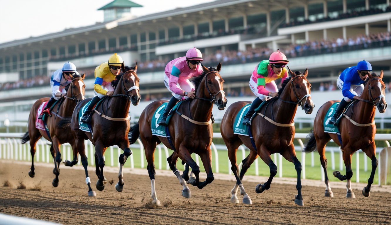Balapan kuda dengan beberapa kuda dan joki yang sedang berlari di lintasan pacuan dengan penonton di tribun.